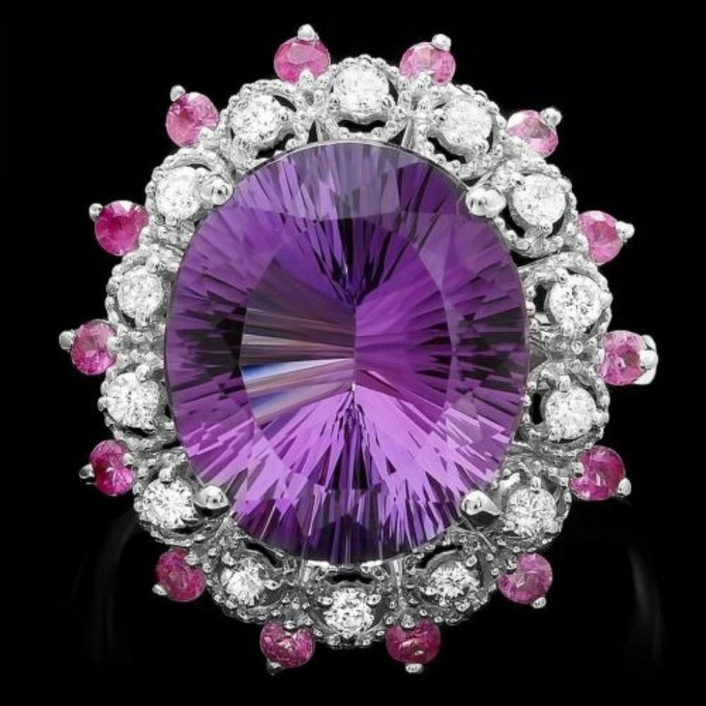 Jaqu De Lili Certified 14K White Gold 6.50 Amethyst 0.35 Diamond Pink Ruby Ring